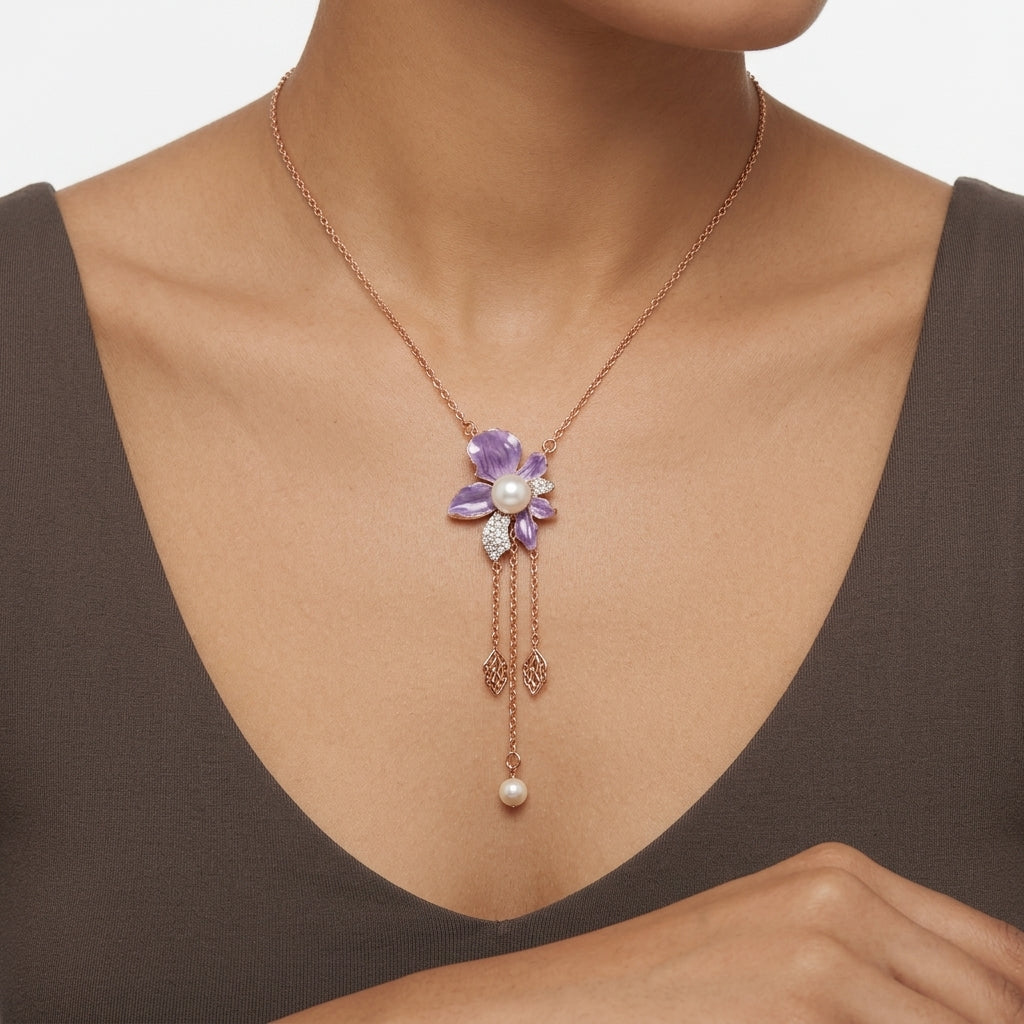 Ethereal Bloom Drop – Premium  Floral Pendant Necklace in Rose Gold Finish