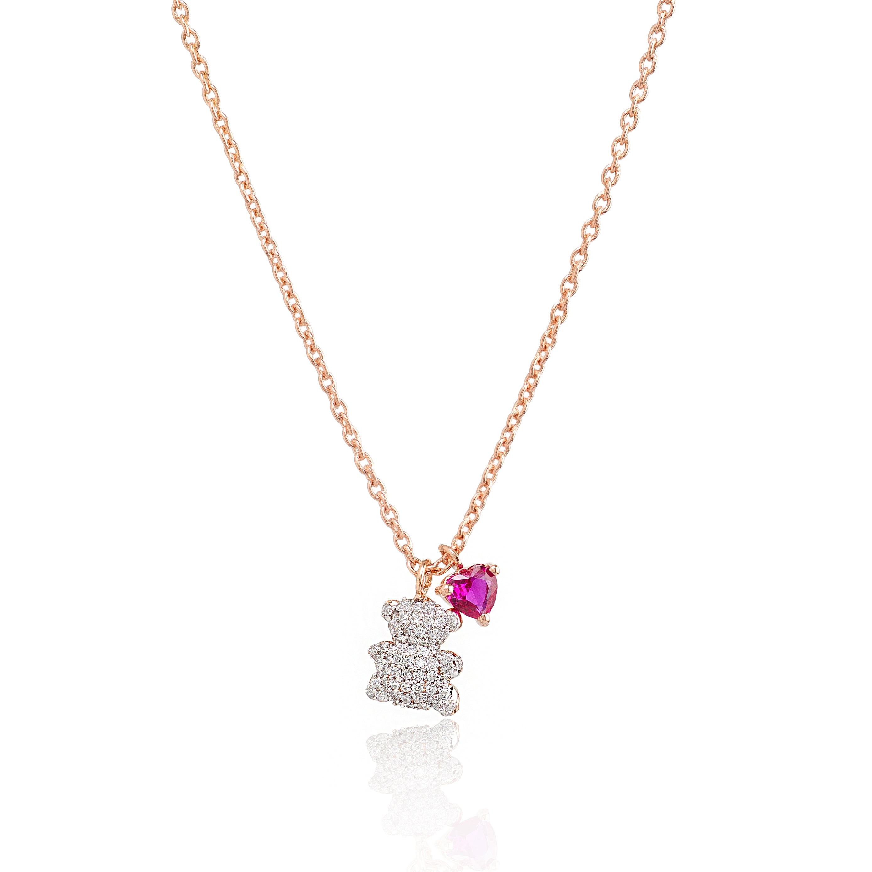Ruby Teddy Charm – Premium Bear Pendant Necklace in Rose Gold Finish