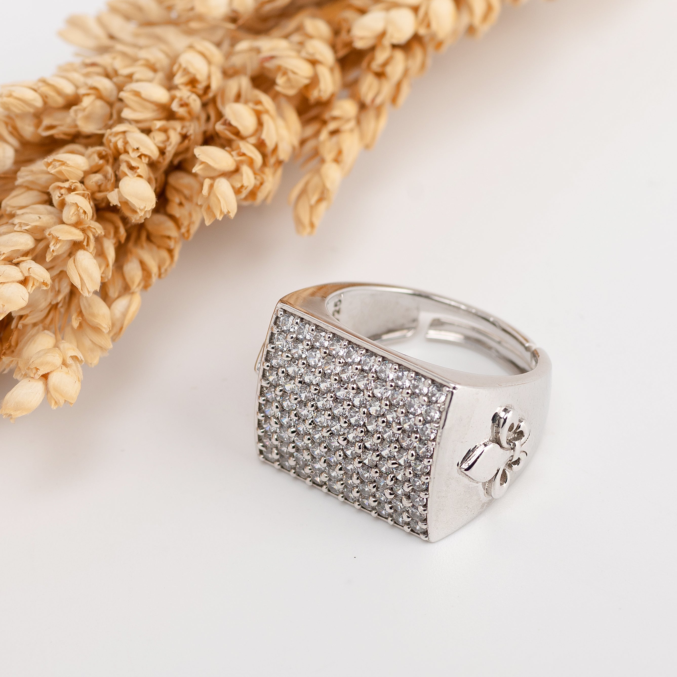 Crown Iced Block – Premium Pavé Signet Ring in Silver Finish