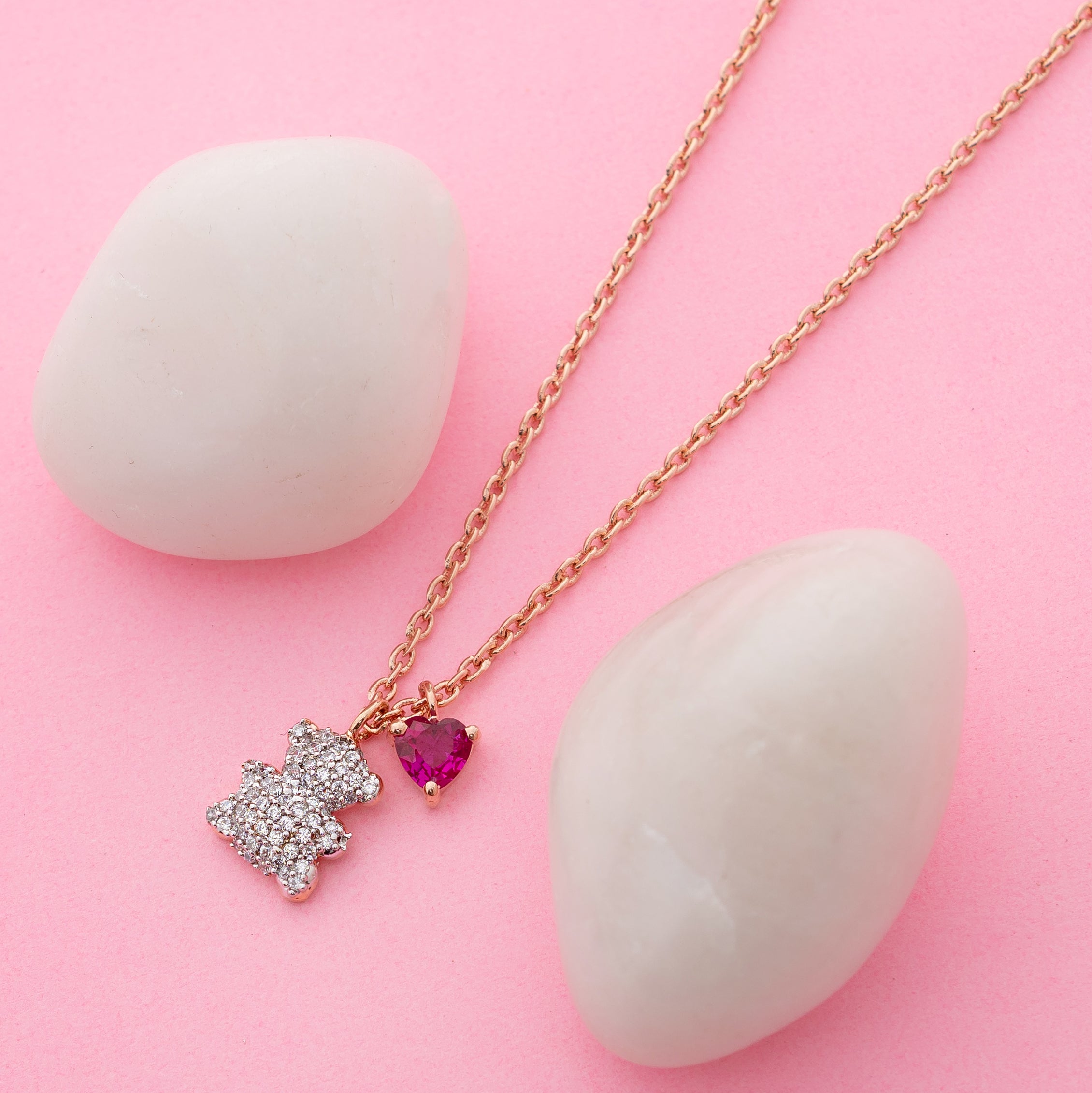 Ruby Teddy Charm – Premium Bear Pendant Necklace in Rose Gold Finish