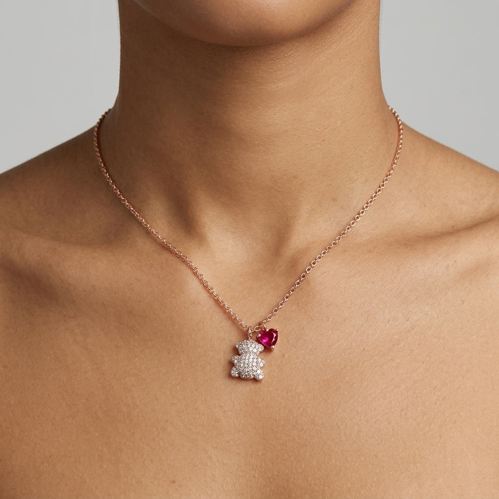 Ruby Teddy Charm – Premium Bear Pendant Necklace in Rose Gold Finish
