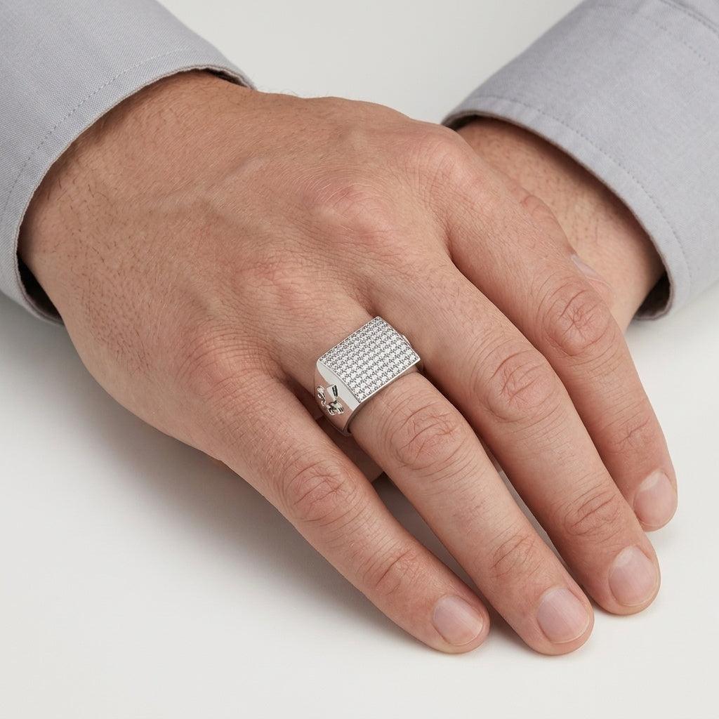 Crown Iced Block – Premium Pavé Signet Ring in Silver Finish