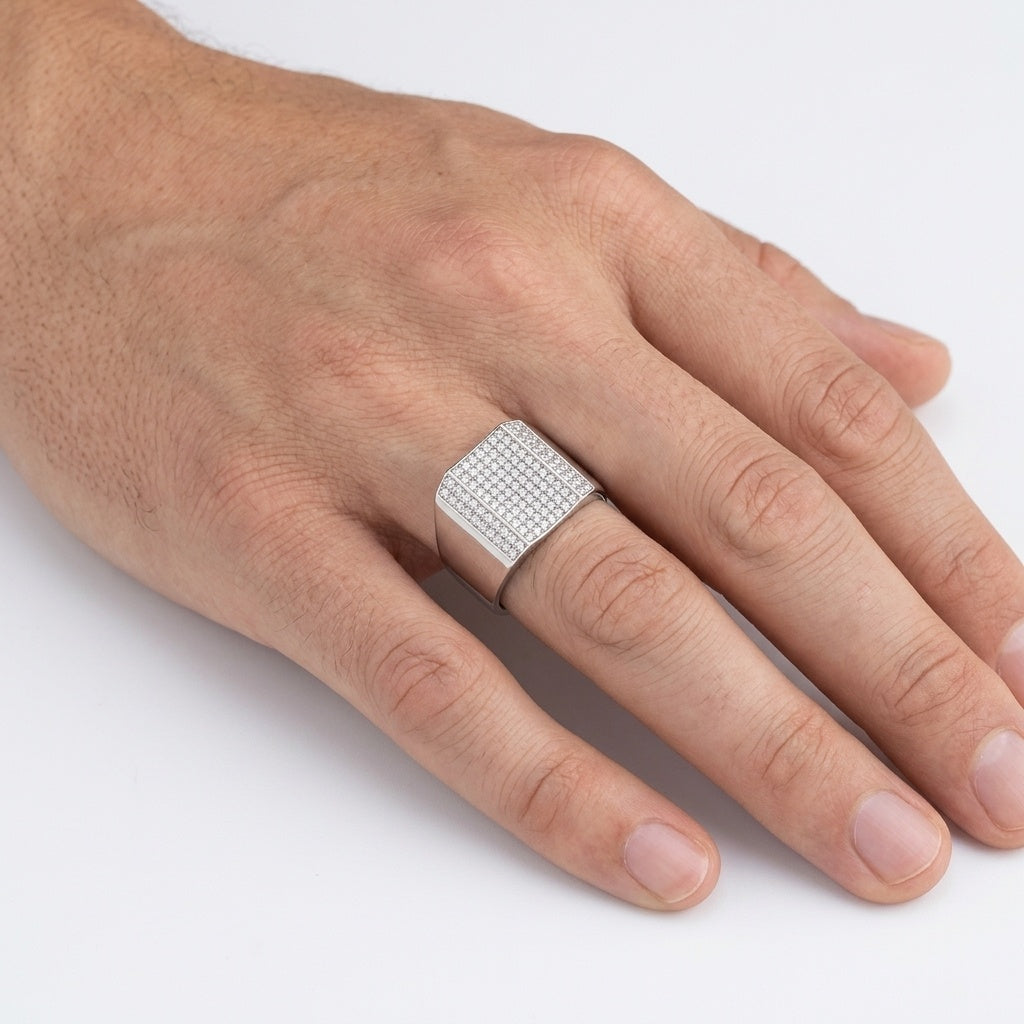 Apex Iced Signet – Premium Pavé Statement Ring in Silver Finish