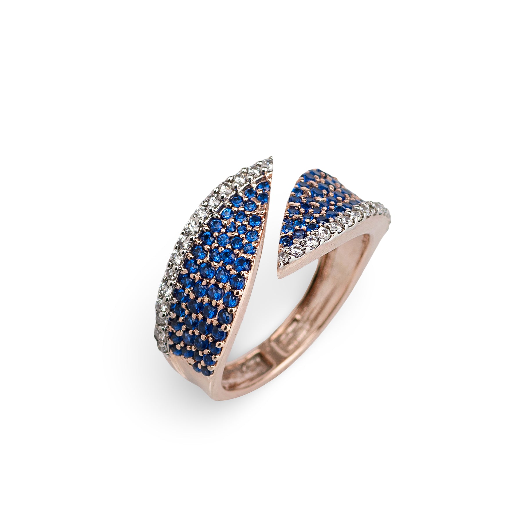 Azure Split Ring – Premium Open Band Ring in Rose Gold with Blue Stones