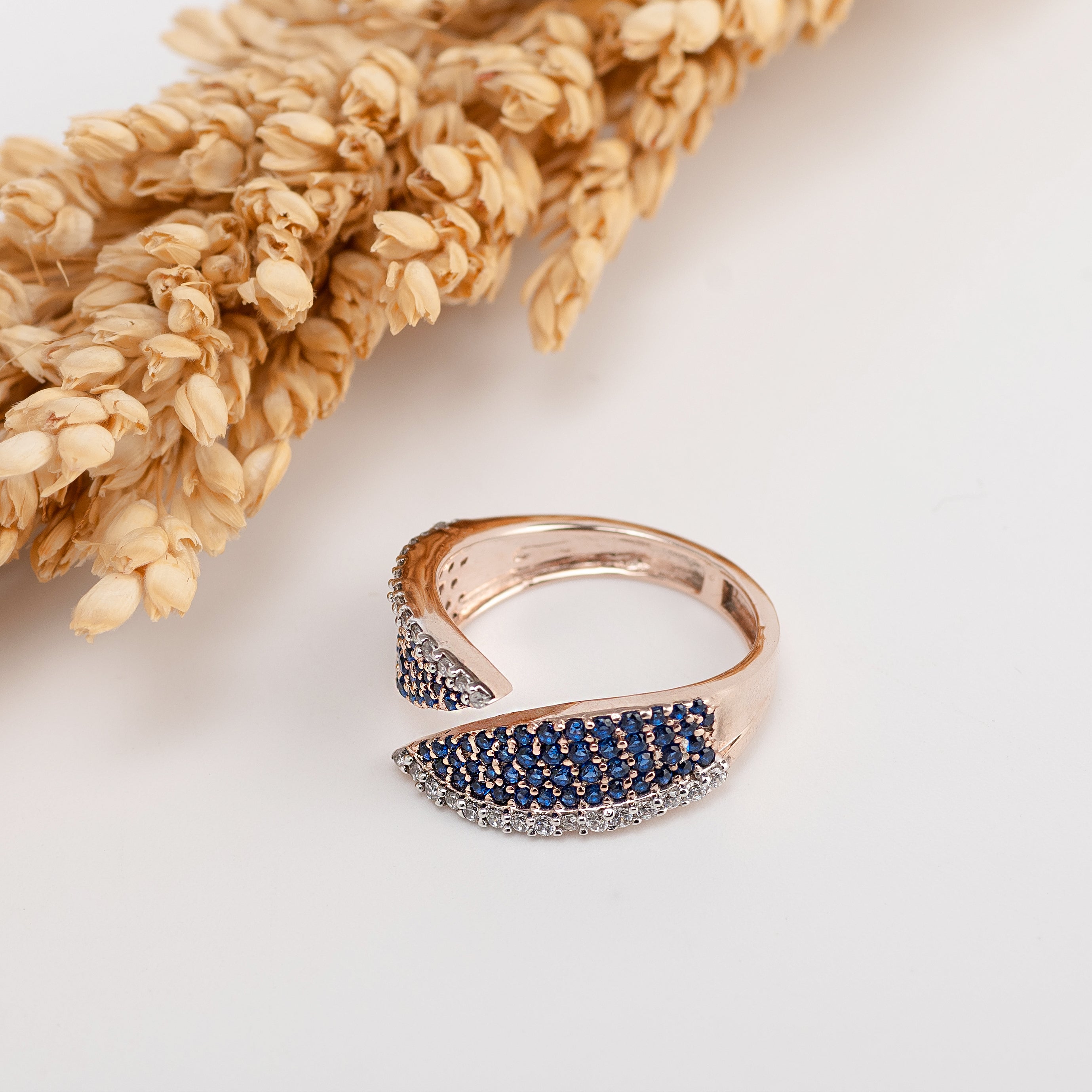 Azure Split Ring – Premium Open Band Ring in Rose Gold with Blue Stones