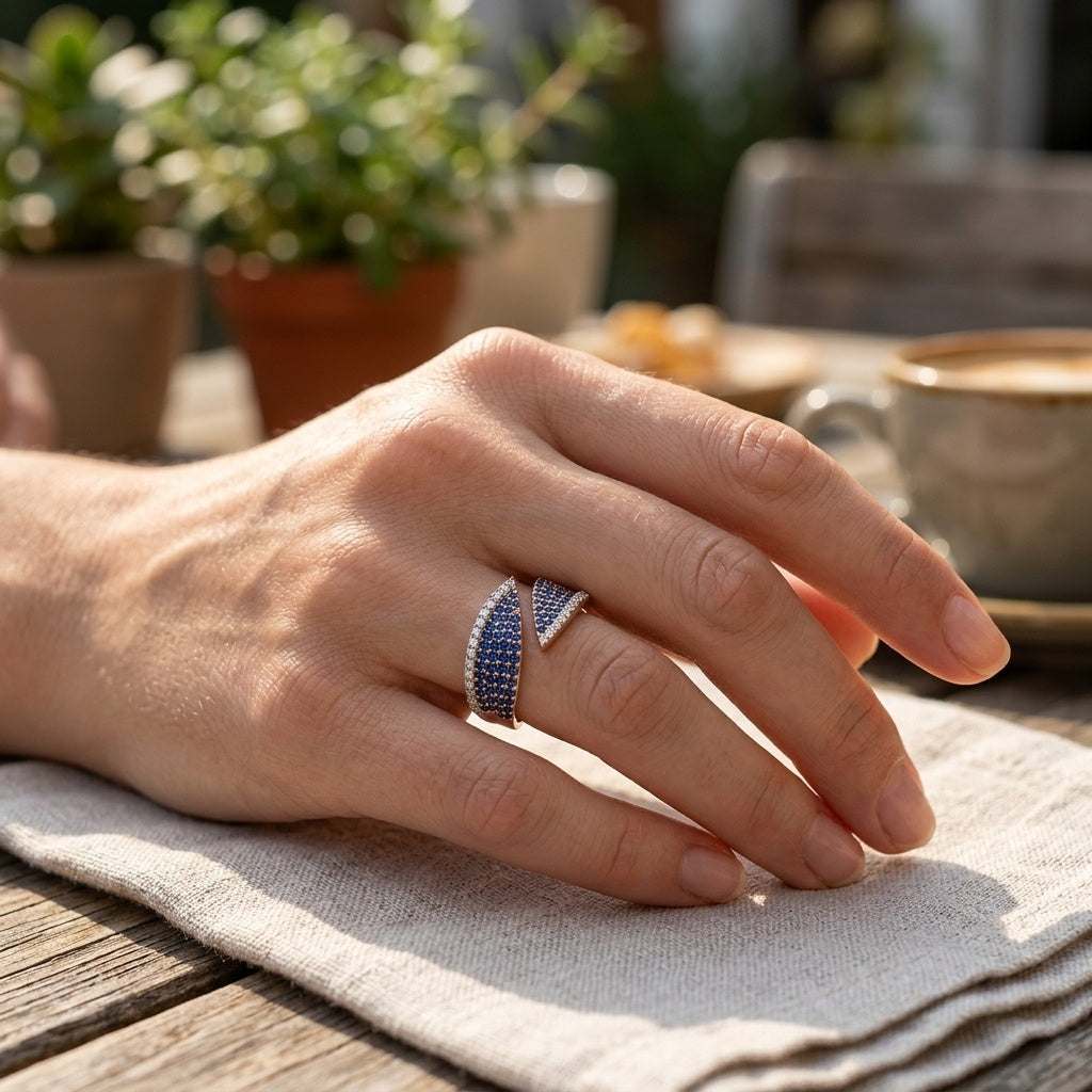 Azure Split Ring – Premium Open Band Ring in Rose Gold with Blue Stones