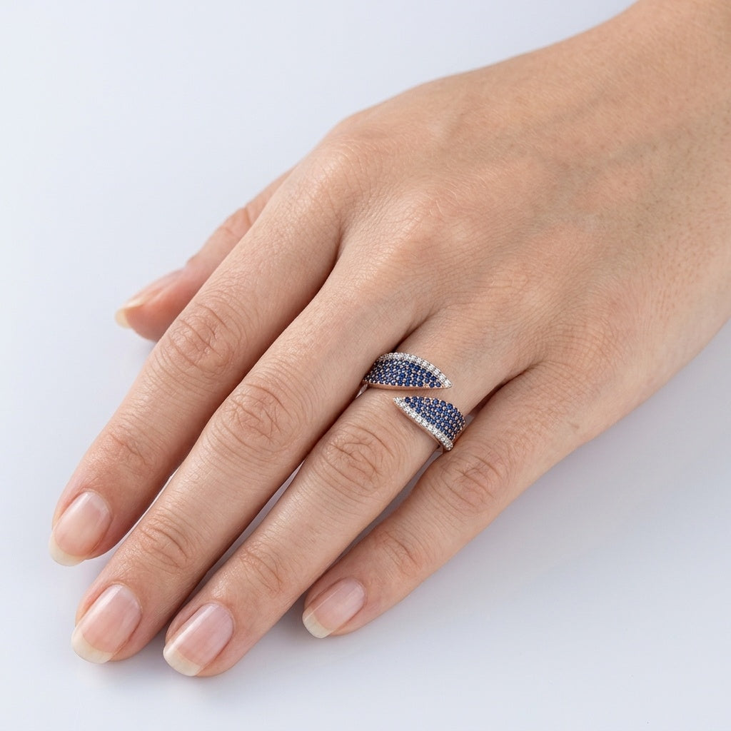 Azure Split Ring – Premium Open Band Ring in Rose Gold with Blue Stones