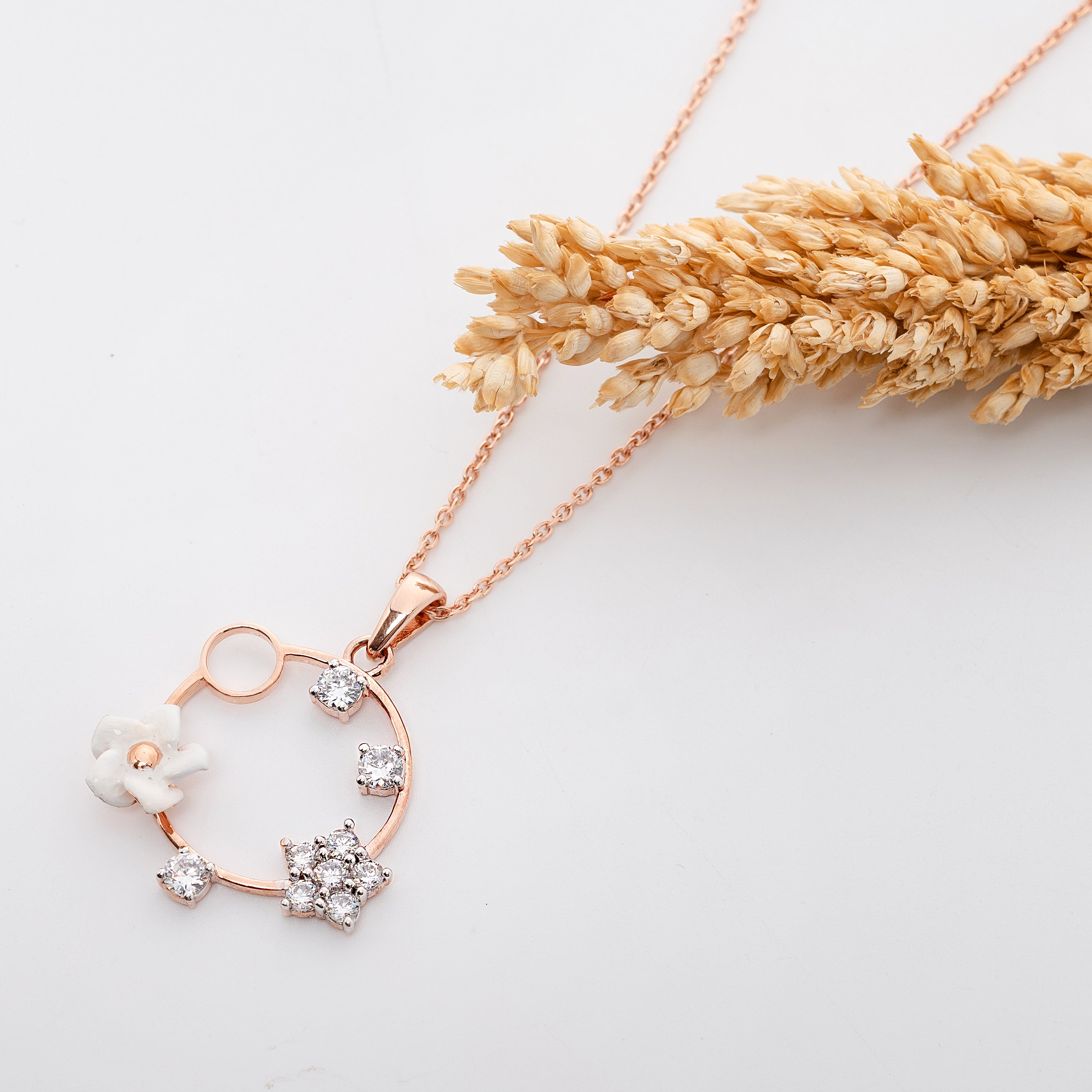 Luna Bloom Halo – Premium Floral Pendant Necklace in Rose Gold Finish