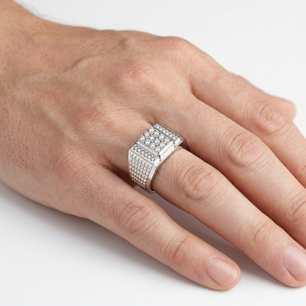 Imperial Grid Ring – Premium Pavé Statement Ring in Silver Finish