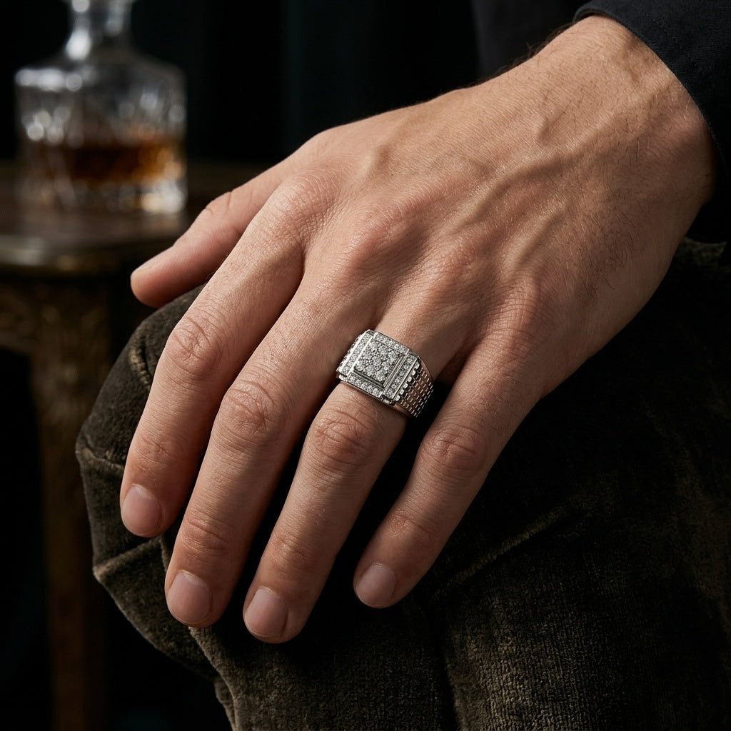 Imperial Grid Ring – Premium Pavé Statement Ring in Silver Finish