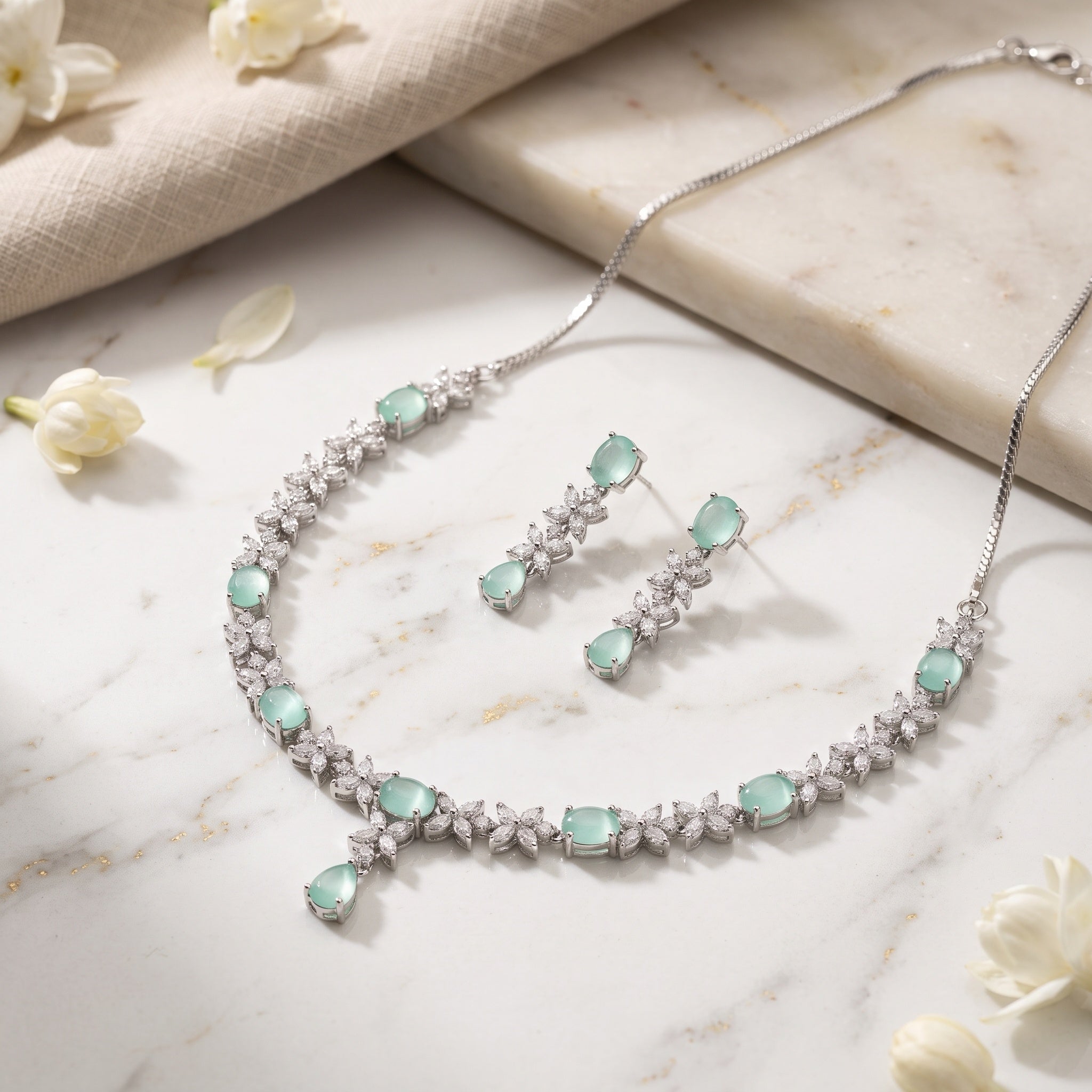 Celestia Mint – Premium Women’s Necklace & Earrings Set in Silver-Tone Finish
