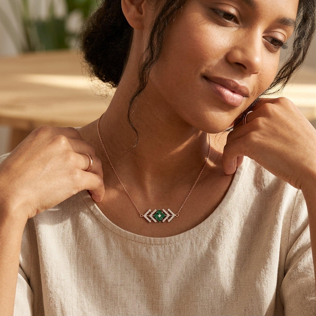Emerald Vector – Premium Geometric Pendant Necklace in Rose Gold Finish