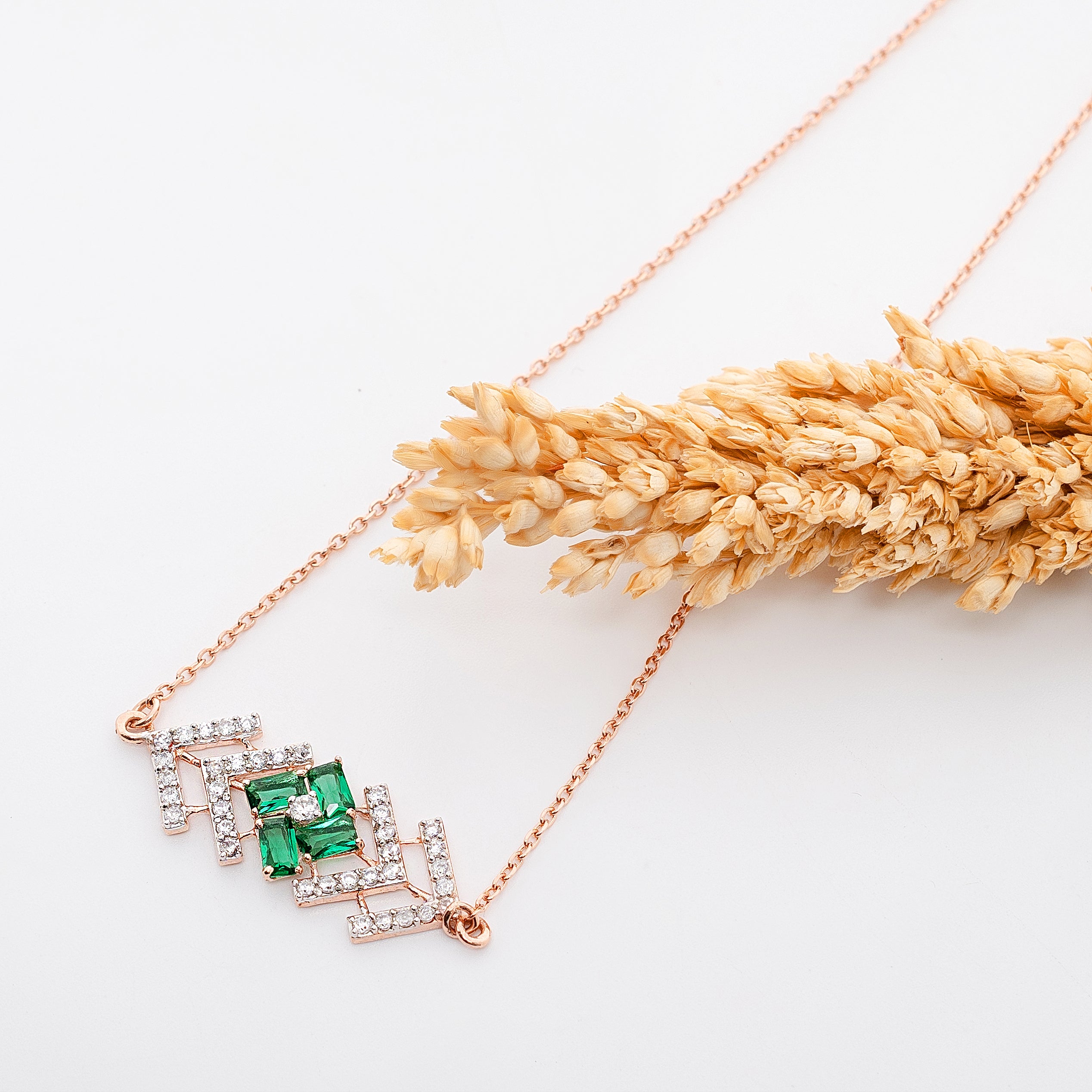 Emerald Vector – Premium Geometric Pendant Necklace in Rose Gold Finish