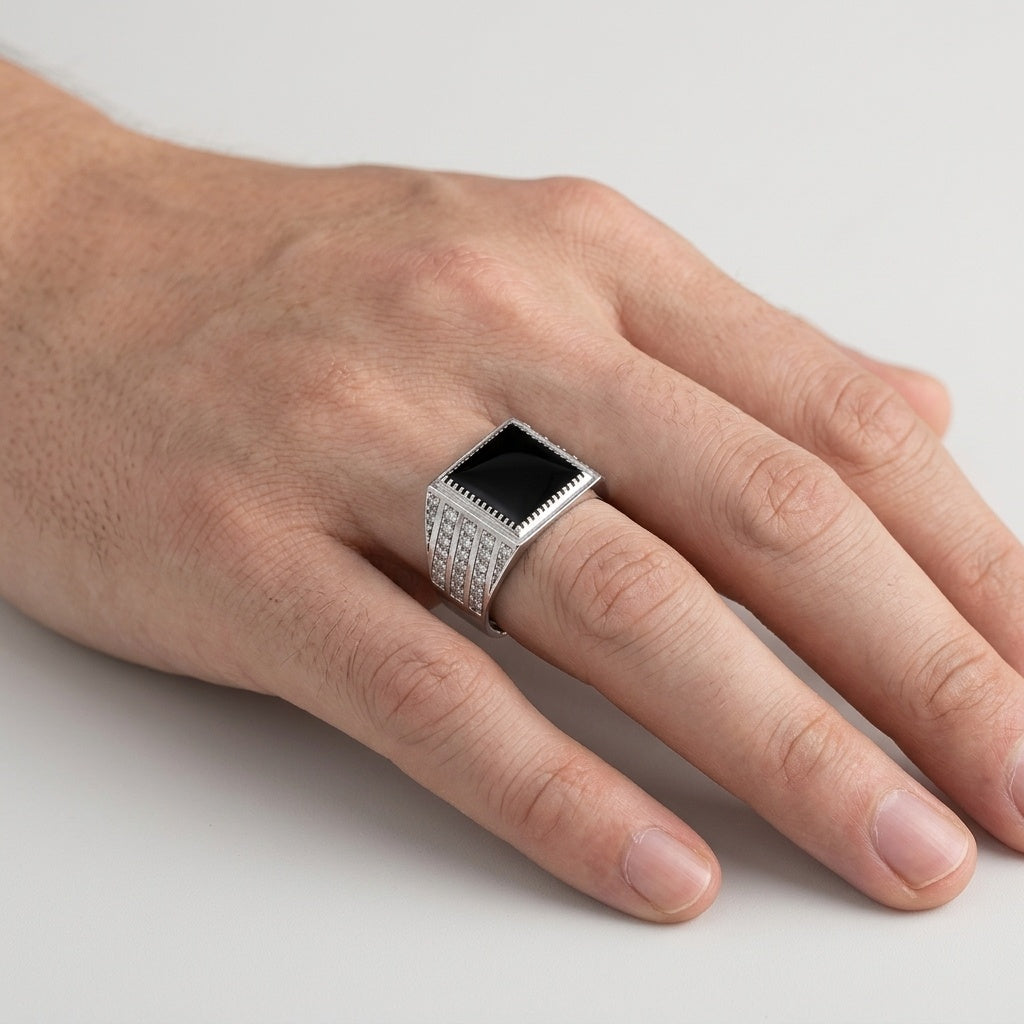 Noir Regent Ring – Premium Signet Ring in Silver & Black Enamel Finish