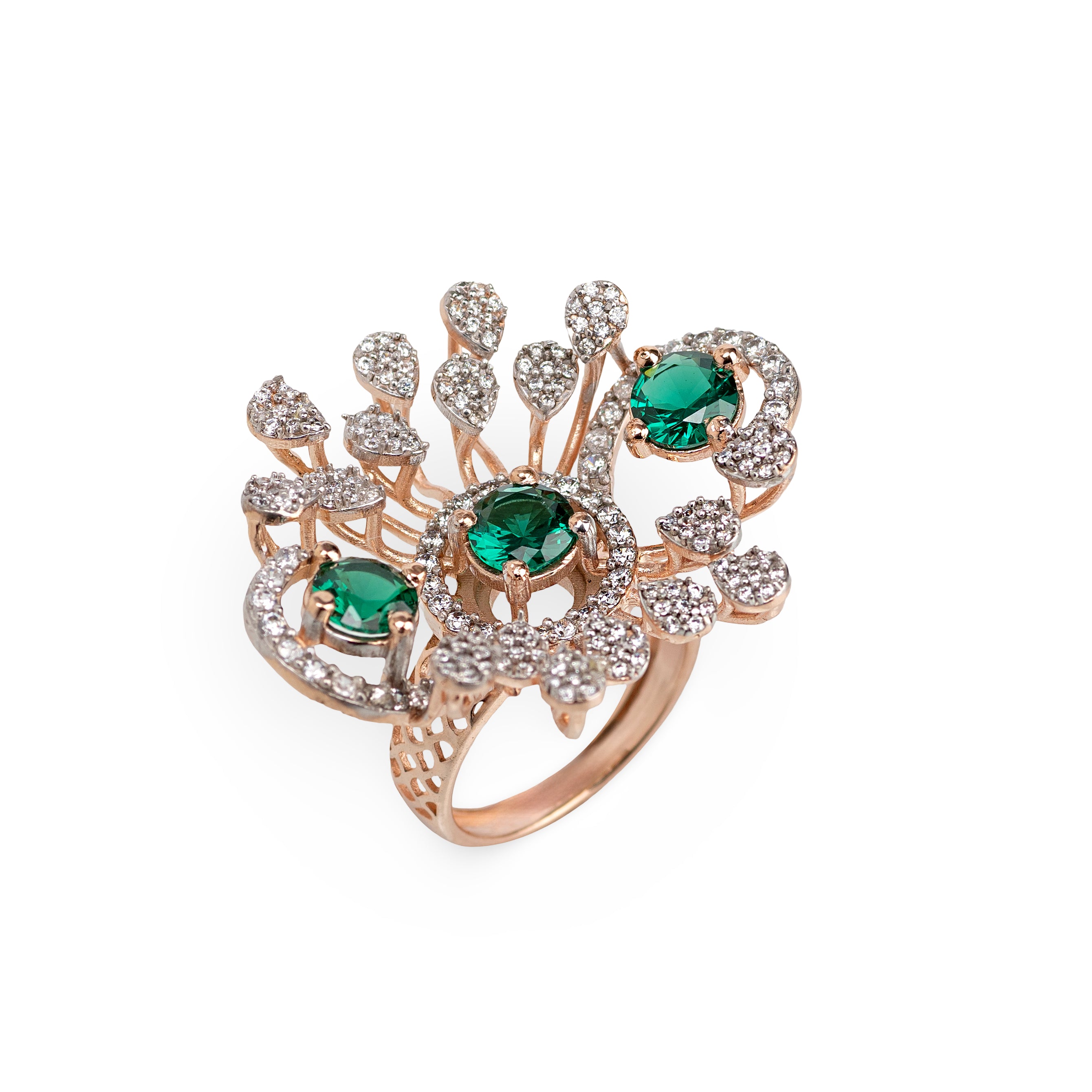Emerald Bloom Ring – Premium Floral Statement Ring in Rose Gold with Green Stones