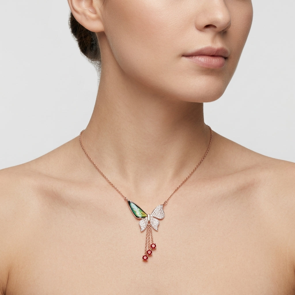 Ethereal Flutter Drop – Premium Butterfly Pendant Necklace in Rose Gold Finish