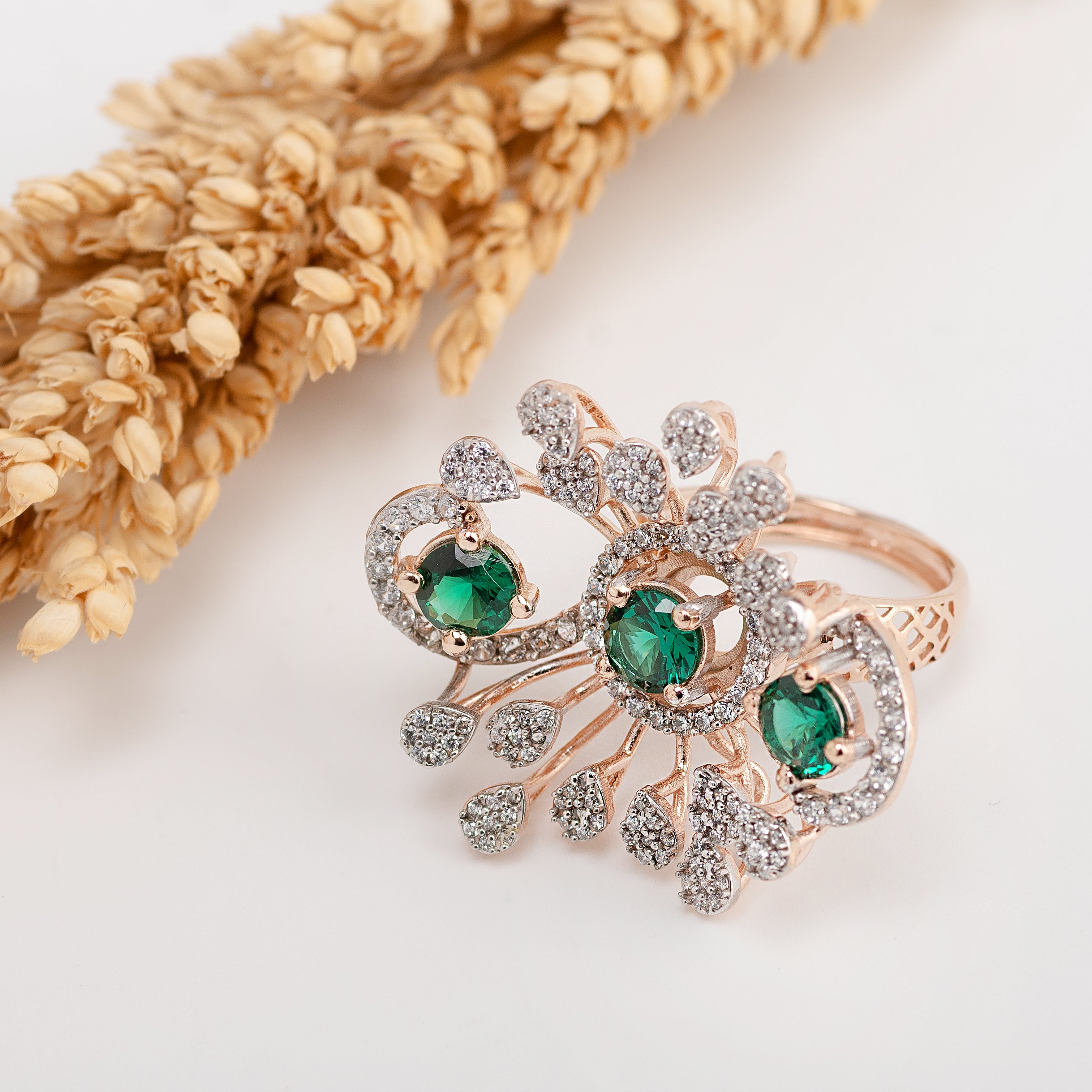 Emerald Bloom Ring – Premium Floral Statement Ring in Rose Gold with Green Stones