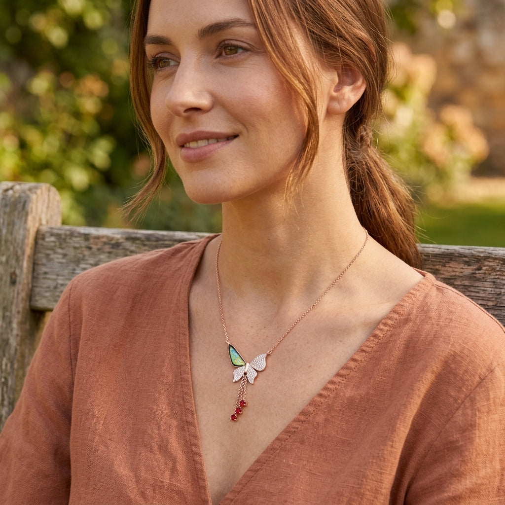 Ethereal Flutter Drop – Premium Butterfly Pendant Necklace in Rose Gold Finish