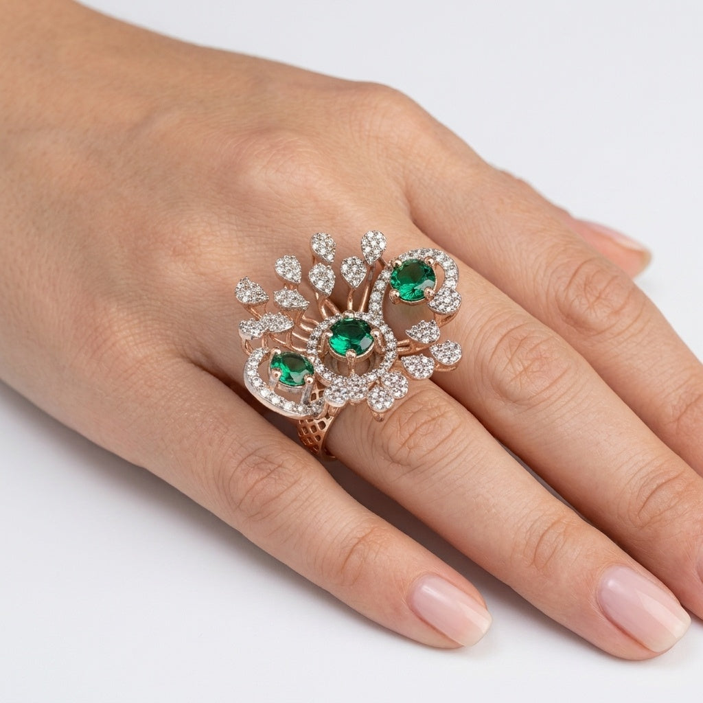 Emerald Bloom Ring – Premium Floral Statement Ring in Rose Gold with Green Stones