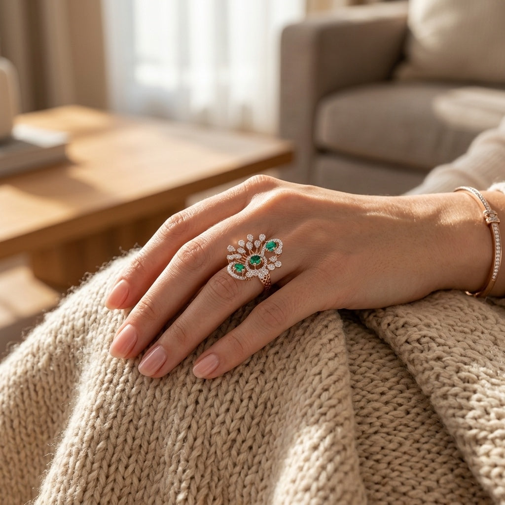 Emerald Bloom Ring – Premium Floral Statement Ring in Rose Gold with Green Stones