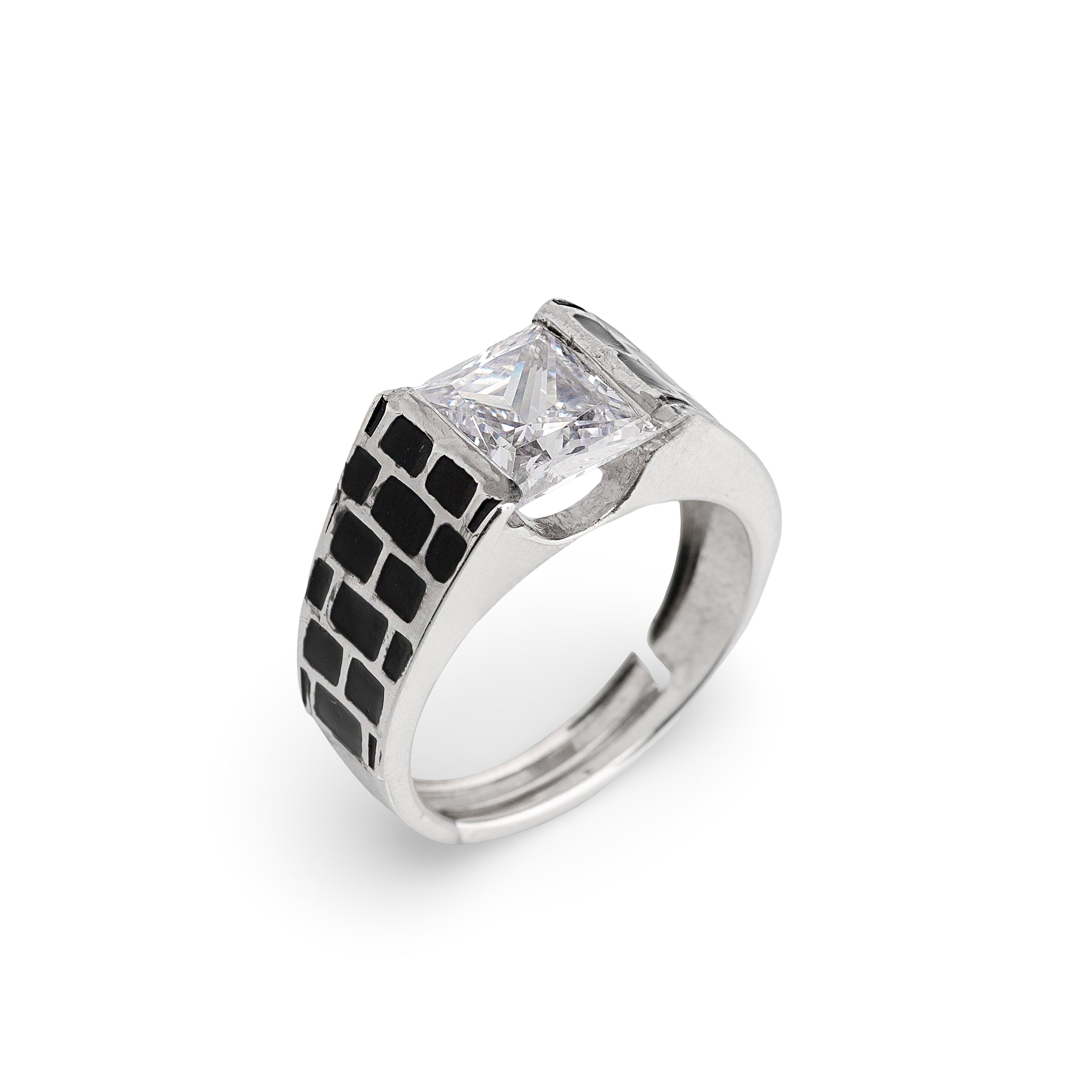 Obsidian Grid Ring – Premium Statement Ring in Silver with Black Enamel & Crystal