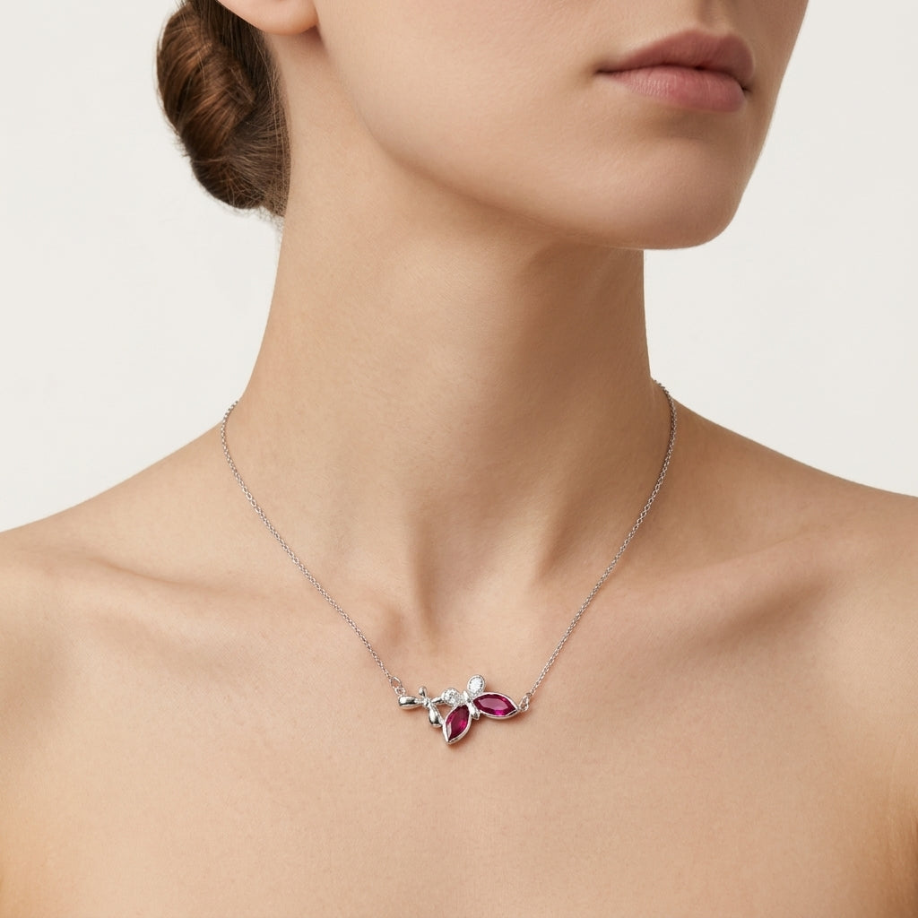 Crimson Bloom Link – Premium Floral Pendant Necklace in White Gold Finish