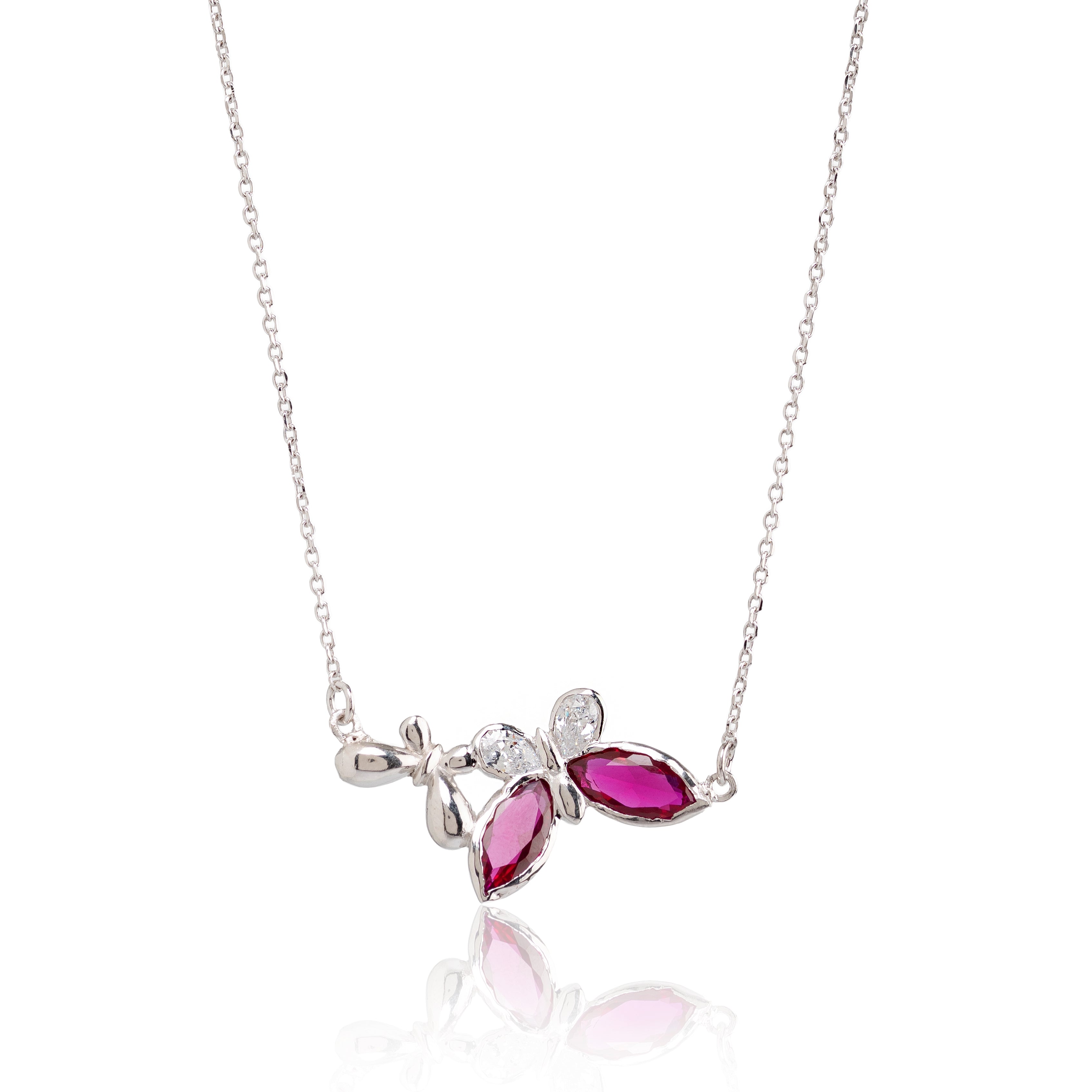 Crimson Bloom Link – Premium Floral Pendant Necklace in White Gold Finish