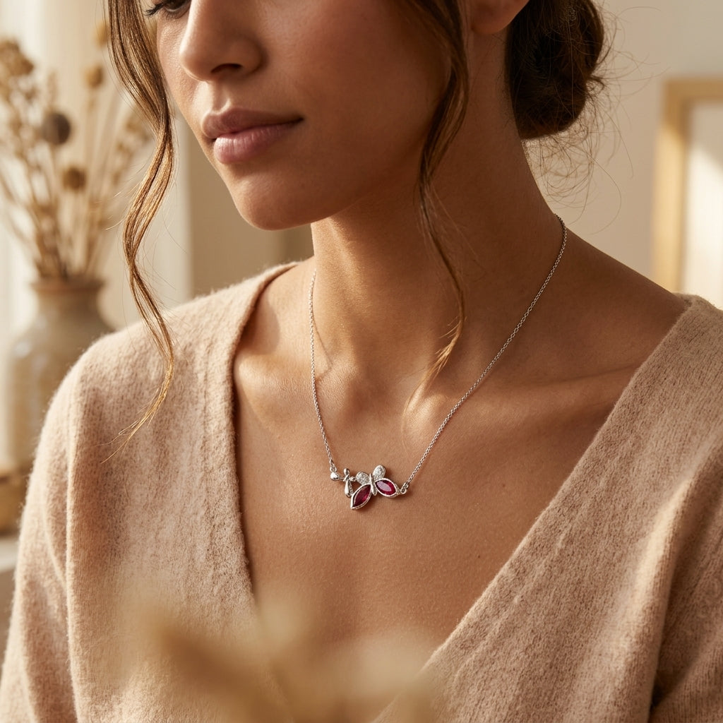 Crimson Bloom Link – Premium Floral Pendant Necklace in White Gold Finish