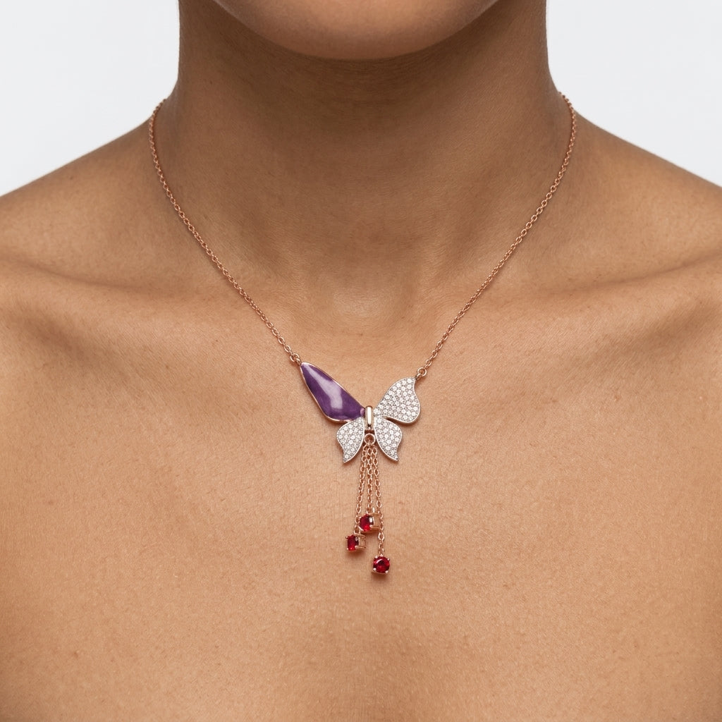 Violet Drift Drop – Premium Unisex Butterfly Pendant Necklace in Rose Gold Finish
