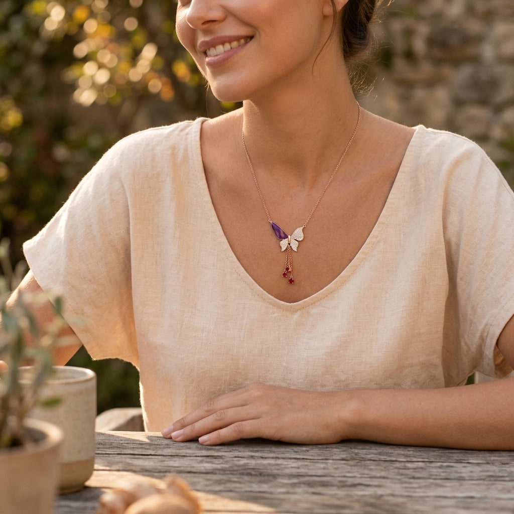 Violet Drift Drop – Premium Unisex Butterfly Pendant Necklace in Rose Gold Finish