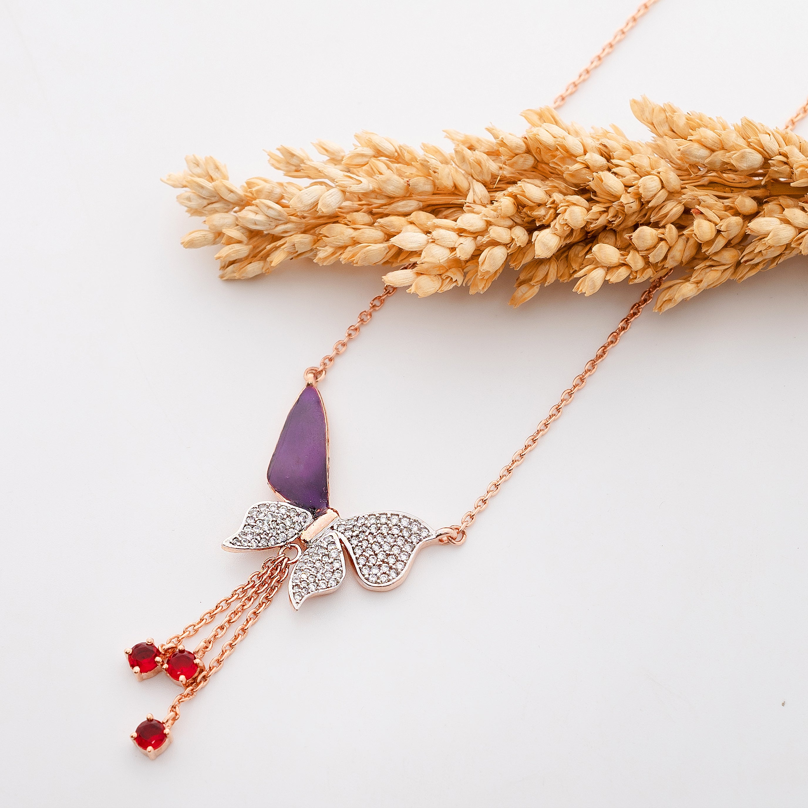 Violet Drift Drop – Premium Unisex Butterfly Pendant Necklace in Rose Gold Finish