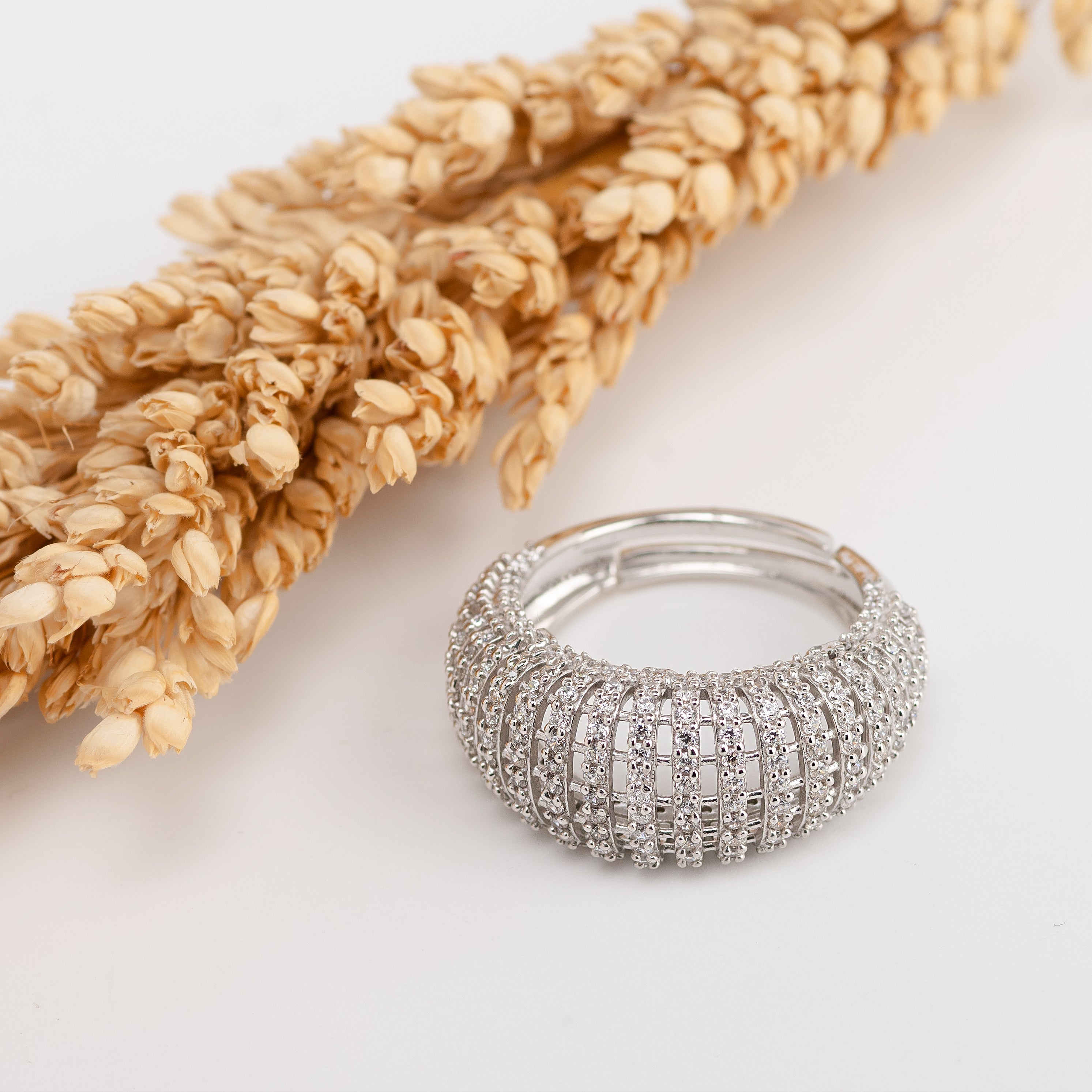 Echelon Grid Ring – Premium Pavé Band Ring in White Gold Finish