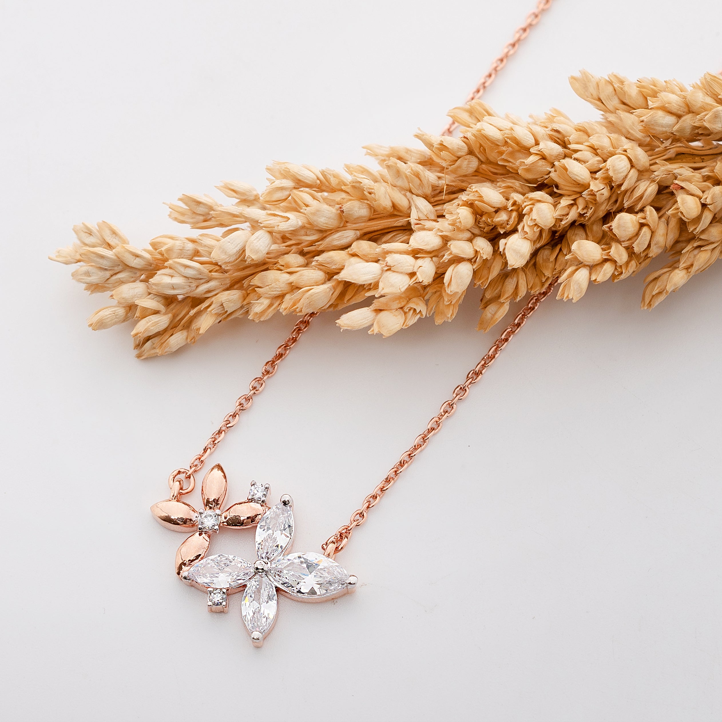 Celeste Bloom Duo – Premium Floral Pendant Necklace in Rose Gold Finish
