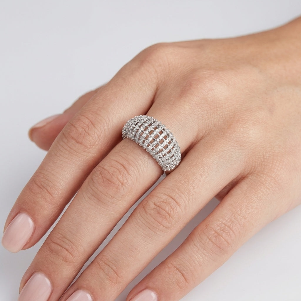 Echelon Grid Ring – Premium Pavé Band Ring in White Gold Finish