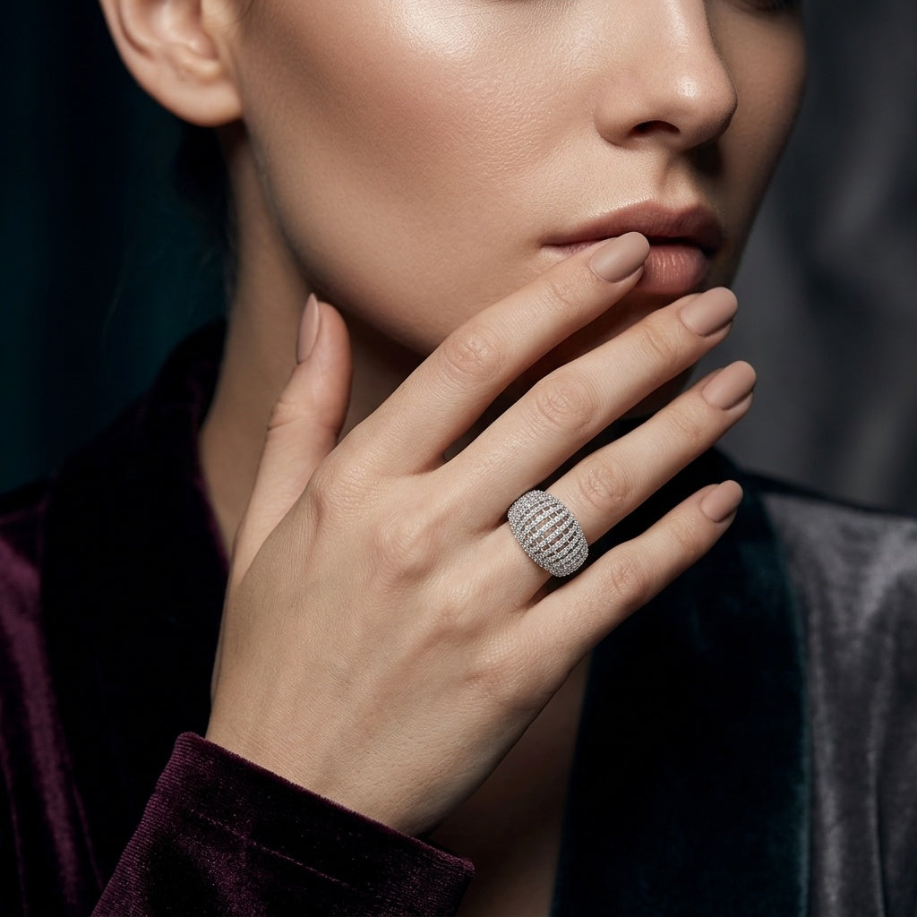 Echelon Grid Ring – Premium Pavé Band Ring in White Gold Finish