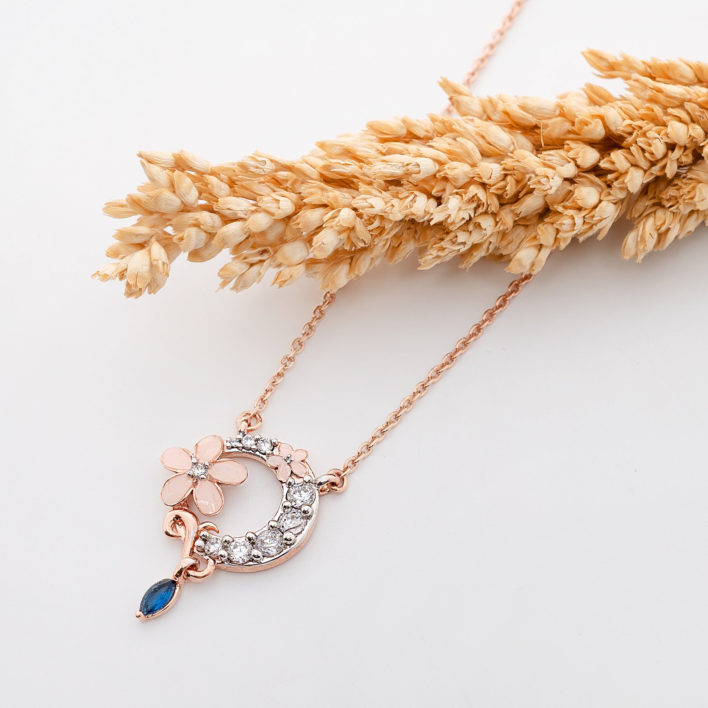 Luna Bloom Drop – Premium Floral Pendant Necklace in Rose Gold Finish