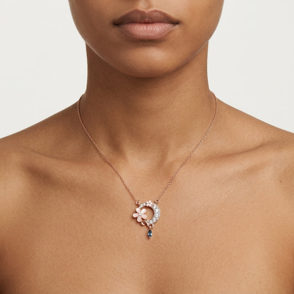 Luna Bloom Drop – Premium Floral Pendant Necklace in Rose Gold Finish