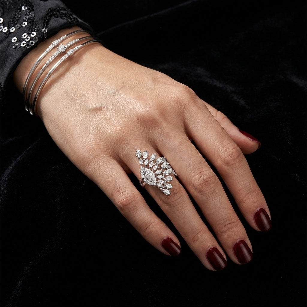 Luminous Vine Ring – Premium Diamond-Style Statement Ring in Silver Finish
