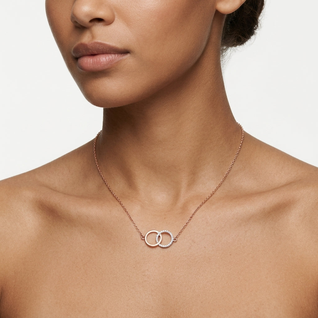 Dual Halo Link – Premium Interlocking Circle Necklace in Rose Gold Finish