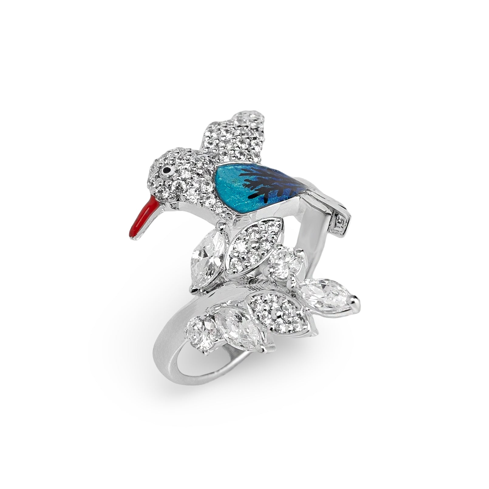 Azure Finch Ring – Premium Statement Ring in Silver Enamel & Pavé Finish
