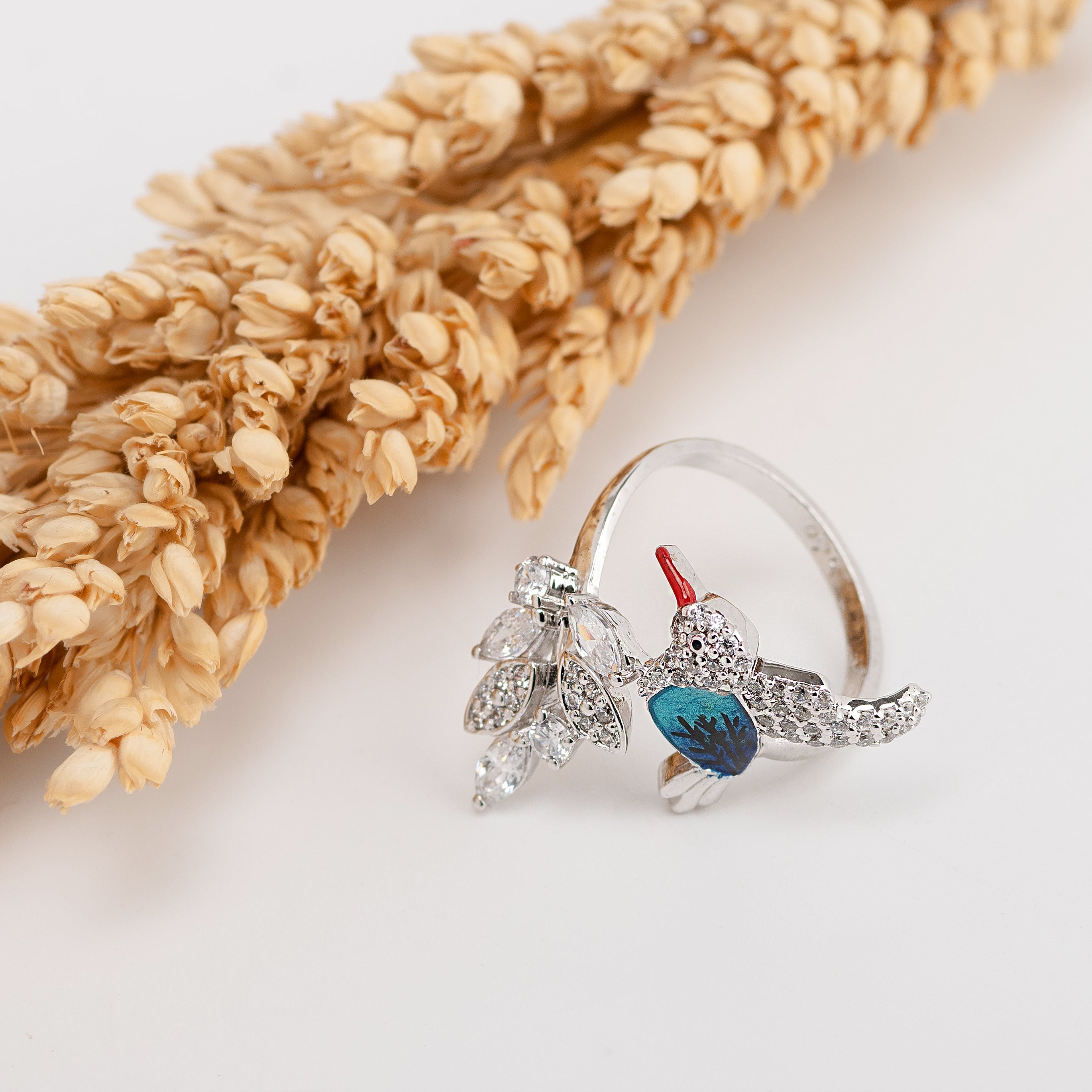 Azure Finch Ring – Premium Statement Ring in Silver Enamel & Pavé Finish