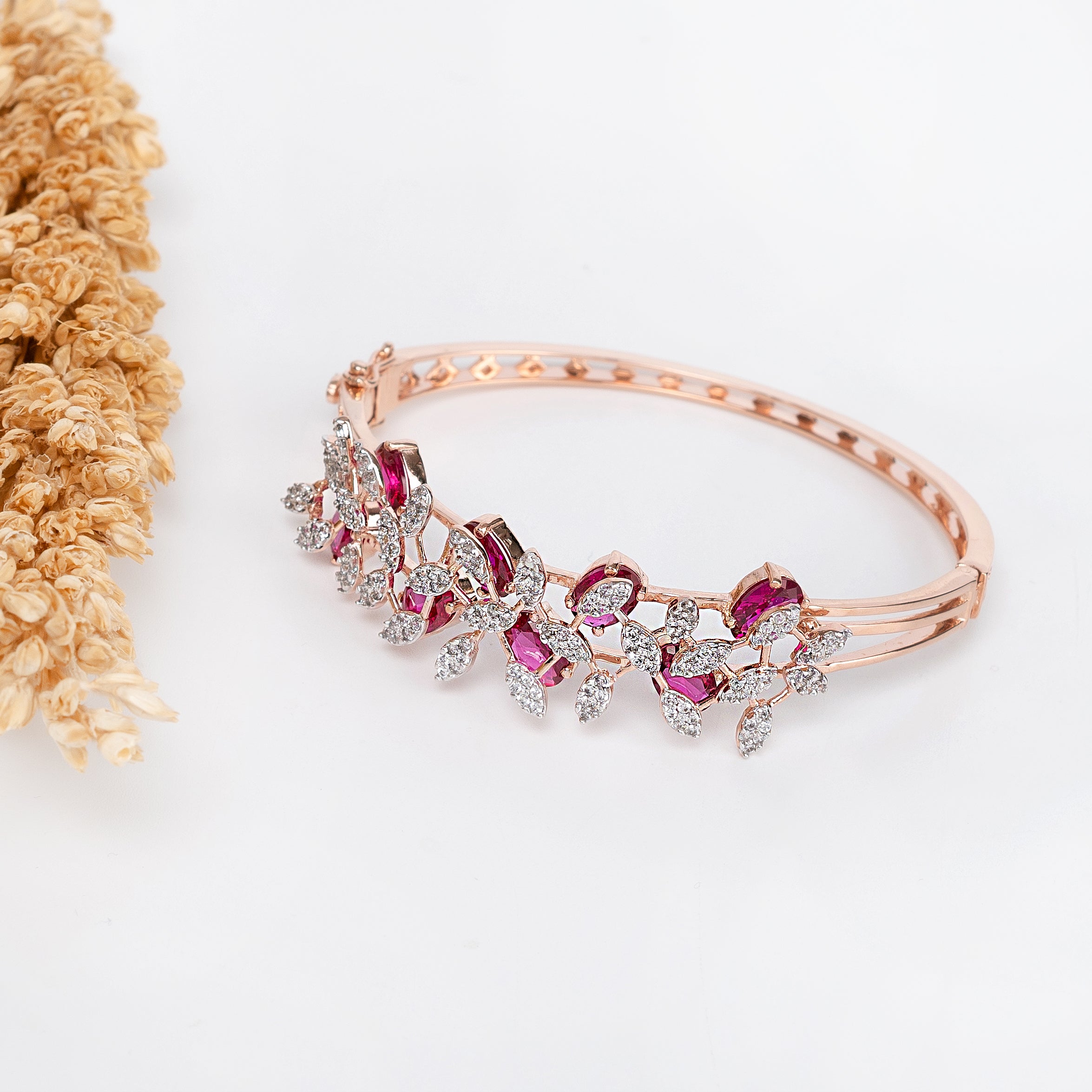 Rosé Bloom Cuff – Premium Floral Diamond-Style Rose Gold Bracelet