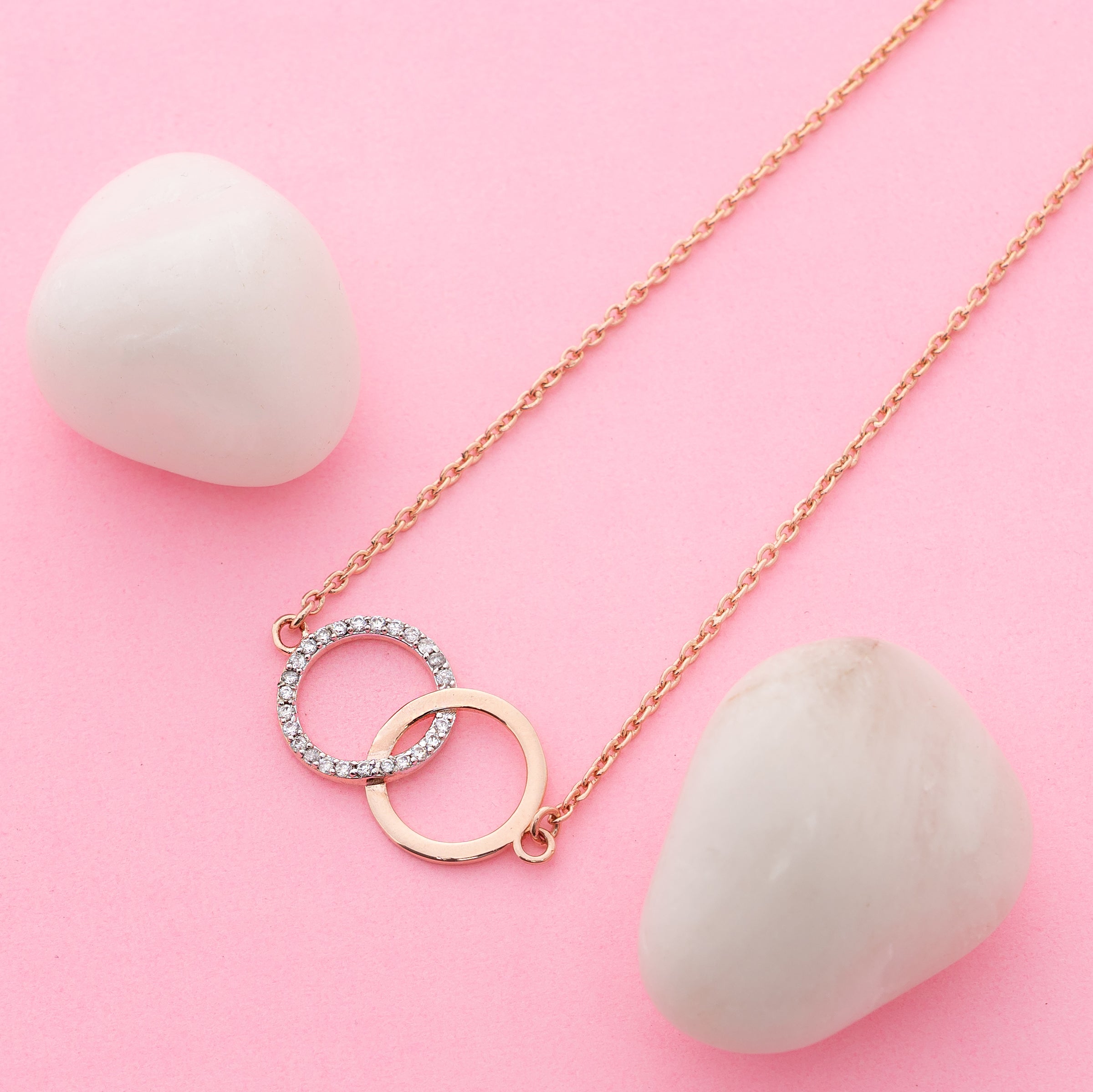 Dual Halo Link – Premium Interlocking Circle Necklace in Rose Gold Finish