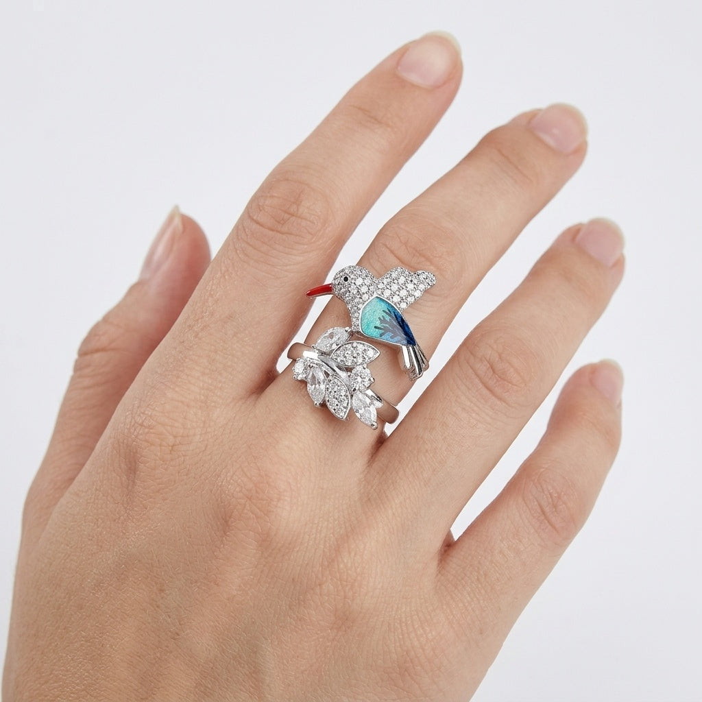 Azure Finch Ring – Premium Statement Ring in Silver Enamel & Pavé Finish