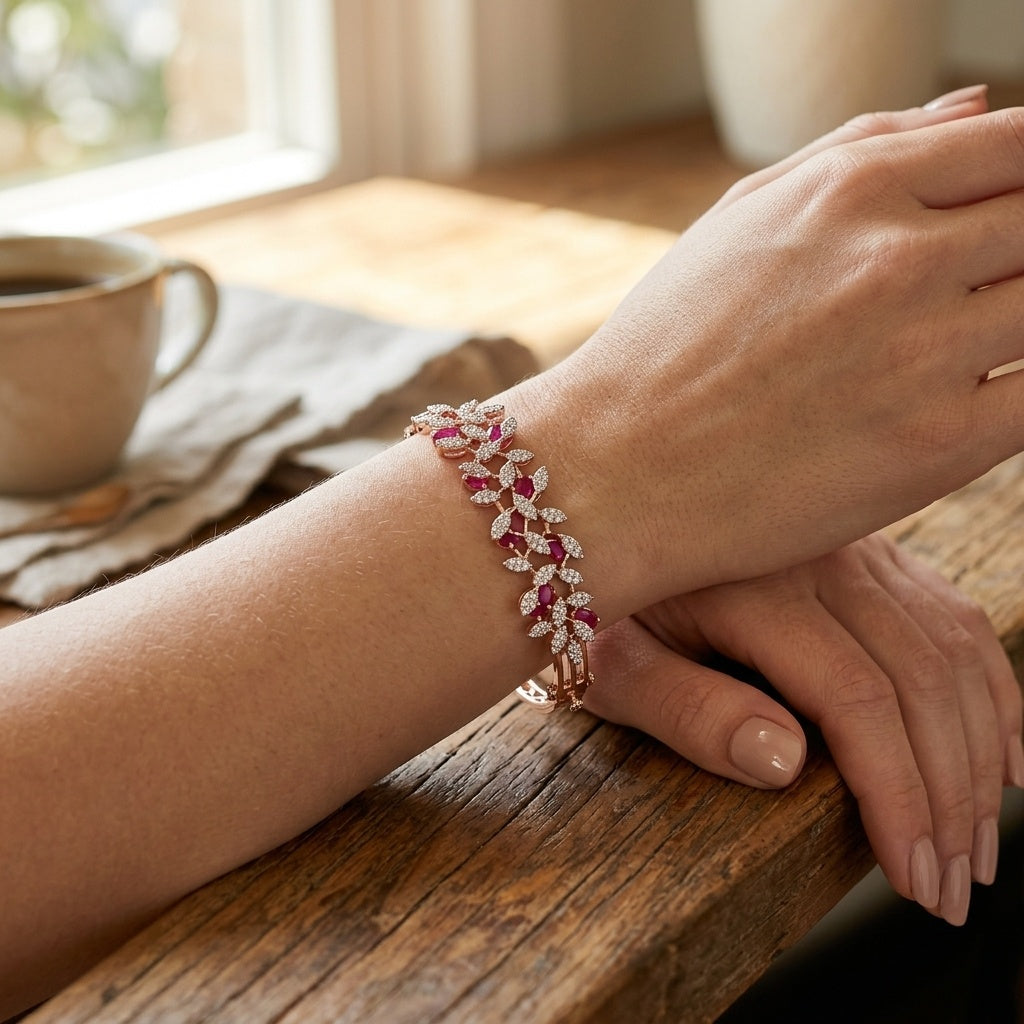 Rosé Bloom Cuff – Premium Floral Diamond-Style Rose Gold Bracelet