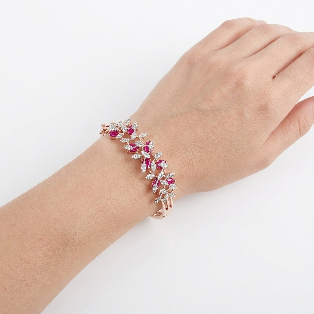 Rosé Bloom Cuff – Premium Floral Diamond-Style Rose Gold Bracelet