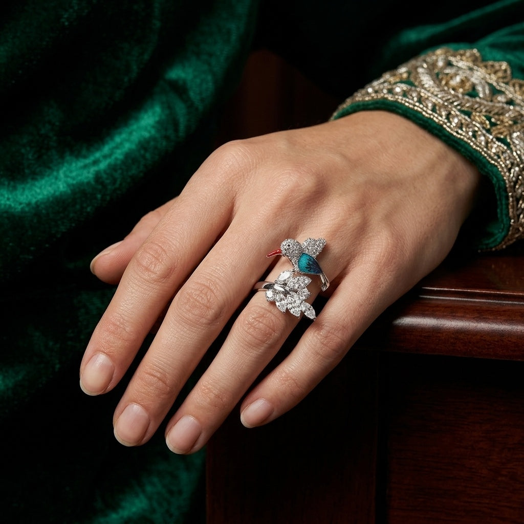 Azure Finch Ring – Premium Statement Ring in Silver Enamel & Pavé Finish