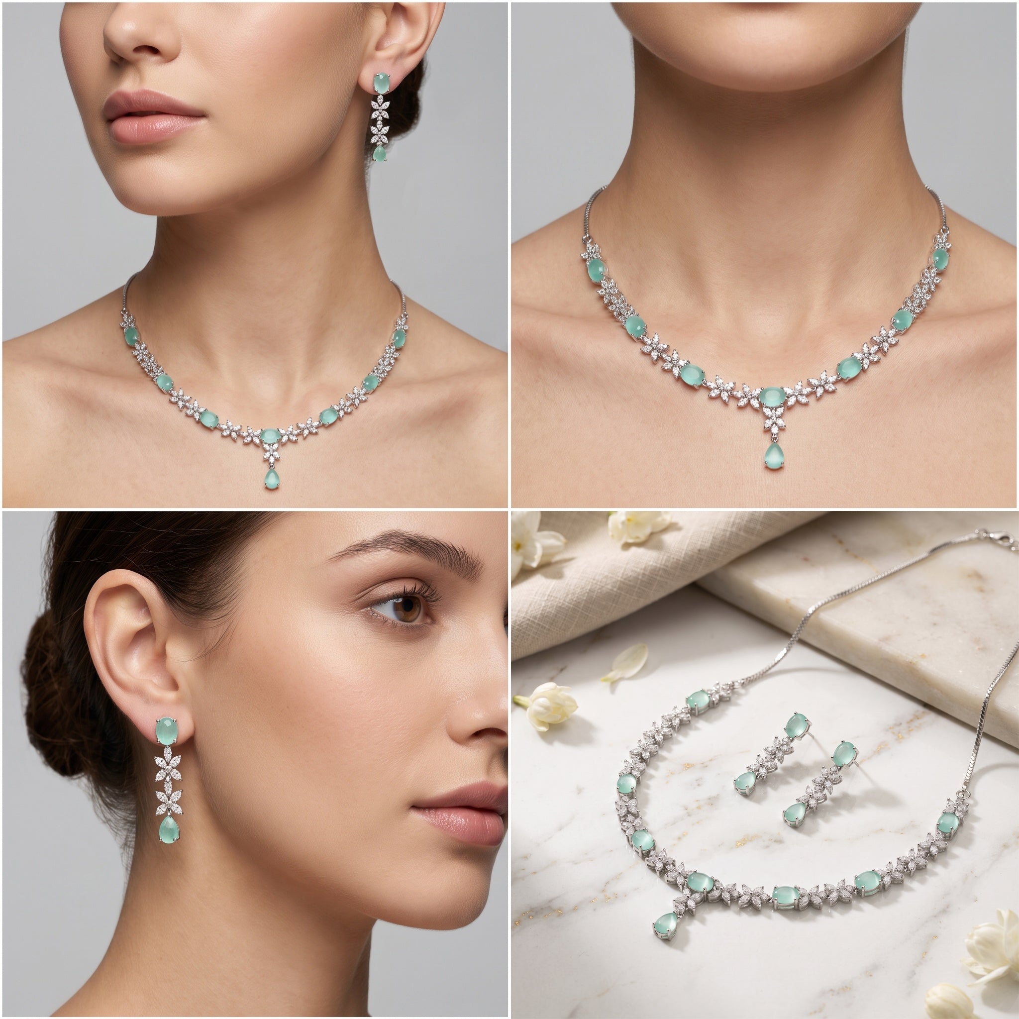 Celestia Mint – Premium Women’s Necklace & Earrings Set in Silver-Tone Finish