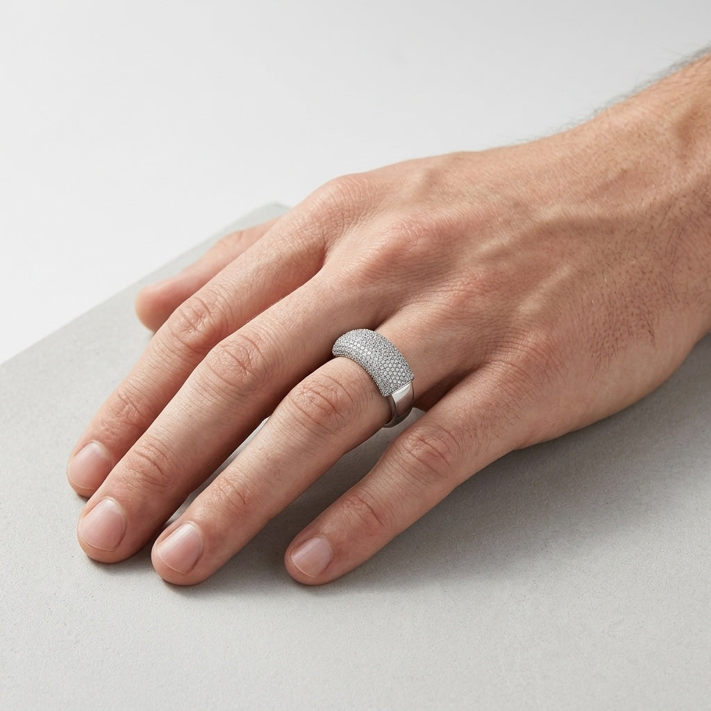 Lustre Dome Ring – Premium Unisex Pavé Statement Ring in Silver Finish