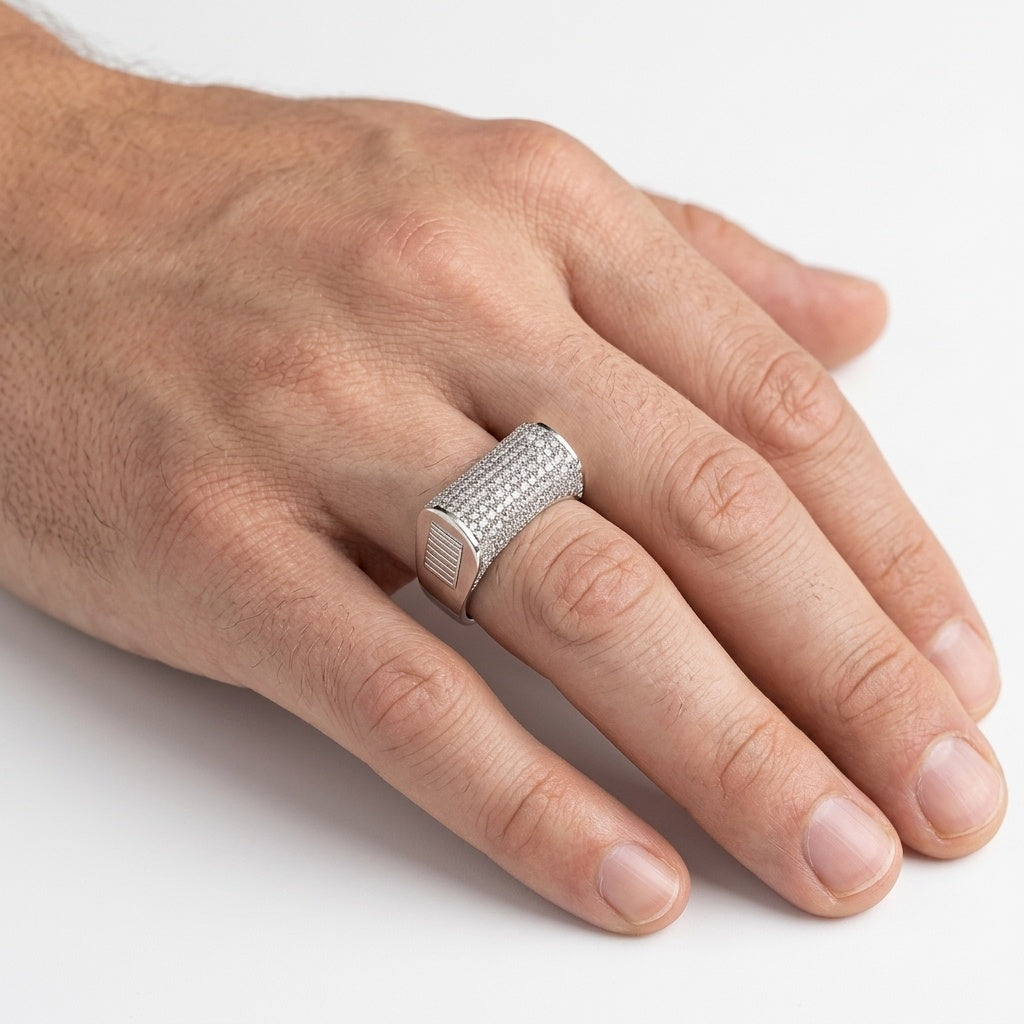 Monarch Iced Signet – Premium Pavé Statement Ring in Silver Finish